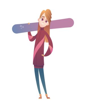 Güzel uzun saçlı güzel bir kız gülümsüyor ve omzunda mor bir snowboard tutuyor.