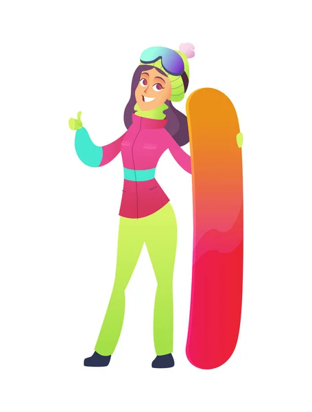 Gyönyörű lány lila haj fényes síöltöny tartja snowboard és azt mutatja, szuper, kiváló gesztus — Stock Vector