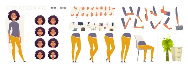 Konstruktör av en afroamerikansk kvinna med olika delar av kroppen: huvud, ben. Känslor, kontorsmöbler Royaltyfria illustrationer