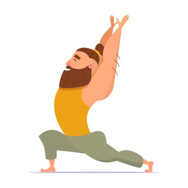 Sakallı ve kafasında şişlik olan iyi huylu bir adam ANJANEYASANA pozuyla yoga yapıyor.