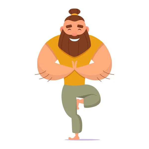 God naturell man med skägg och bula på huvudet gör yoga i träd poserar i bekväma kläder — Stock vektor