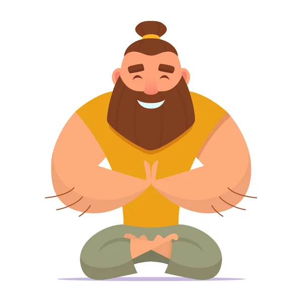 Hombre de buen carácter con barba y golpe en la cabeza medita en posición de loto. Yoga en ropa cómoda — Vector de stock