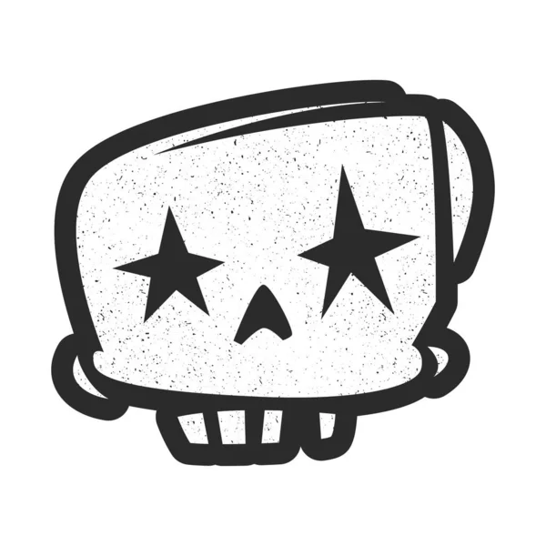 Estilizado divertido negro y blanco manchado silueta de cráneo sin dientes con ojos en forma de estrella, dientes. Diseño para tatuaje — Archivo Imágenes Vectoriales