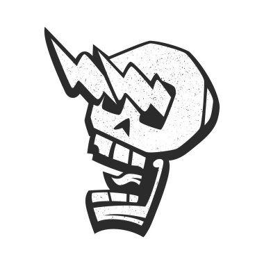 Yıldırım şeklinde parlayan gözleri olan çılgın kafatası silueti. Skull rock 'çı bağırıyor, dehşete düşüyor, korkuyor.