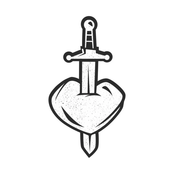 黑色和白色的心形像被剑刺穿 象征着悲伤 老式纹身设计 矢量说明 — 图库矢量图片