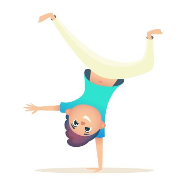 Çocuk eğleniyor ve tek kolunda baş aşağı duruyor. Erkek spora gider, Brezilya capoeira 'sı. Vektör illüstrasyonu