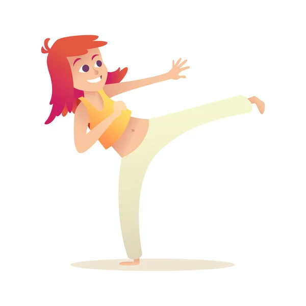 孩子们练习卡波伊拉和踢腿 红头发的女孩喜欢做运动 站在一个好战的姿势 矢量说明 — 图库矢量图片