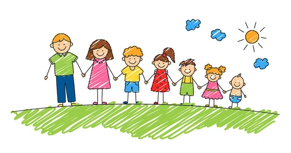 Familia de mans de garabatos felices en el parque de verano. Familiares dibujados a mano. Madre, padre e hijos tomados de la mano. Ilustración a color vectorial aislada en estilo doodle sobre fondo blanco — Archivo Imágenes Vectoriales