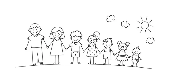 Familia de mans de garabatos felices en el parque de verano. Familiares dibujados a mano. Madre, padre e hijos tomados de la mano. Ilustración vectorial aislada en estilo doodle sobre fondo blanco — Archivo Imágenes Vectoriales