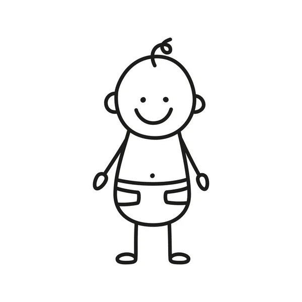 Feliz bebê doodle em uma fralda. Figura desenhada à mão de criança pequena. Criança pequena. Ilustração vetorial isolada em estilo doodle sobre fundo branco —  Vetores de Stock