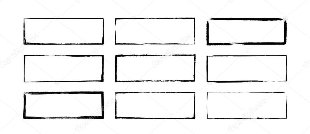 Ink rectangle stamps. Grunge empty black frames set. Square borders collections. Rubber stamp imprint. Vector illustration isolated on white background