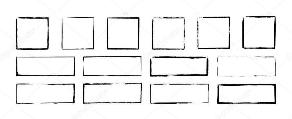 Grunge square and rectangle frames. Ink empty black boxes set. Rectangle borders collections. Rubber square stamp imprint. Vector illustration isolated on white background