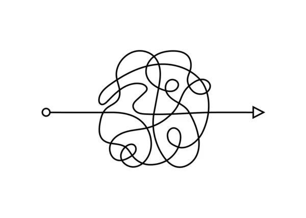 Chaos pad met pijl. Het proces van begrijpen. Moeilijke manier om problemen in het bedrijfsleven op te lossen. Chaoslijn. Krabbel chaos pad. Handgetekende doodle vector illustratie geïsoleerd. Aanpasbare beroerte — Stockvector