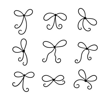 Düğümlü fiyonk. Dekoratif ince kurdeleler. El çizimi vektör çizimi beyaz arkaplanda karalama biçiminde izole edildi