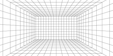 3D kablo şebekesi odası. Üç boyutlu lazer ızgarası. Siyah ağlı siber uzay beyaz arka planı. Sanal gerçeklikte gelecekteki dijital koridor boşluğu. Vektör illüstrasyonu