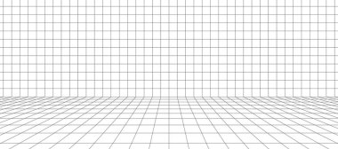 3D kablo şebekesi odası. Üç boyutlu lazer ızgarası. Siyah ağlı siber uzay beyaz arka planı. Sanal gerçeklikte gelecekteki dijital koridor boşluğu. Vektör illüstrasyonu