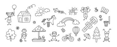 Komik çocuklar ve çocuklar oyun parkı. Salla, kay, tahterevalli ve kum havuzu gibi. Çocuk çizimi, gökkuşağı, ağaç. Beyaz arka planda el çizimi vektör çizimi. Düzenlenebilir vuruş