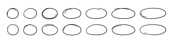 Conjunto de ovais e círculos desenhados à mão. Oval de diferentes larguras. Destaque quadros de círculo. Ellipses em estilo doodle. Conjunto de ilustrações vetoriais isoladas sobre fundo branco —  Vetores de Stock