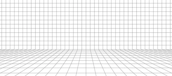 3D kablo şebekesi odası. Üç boyutlu lazer ızgarası. Siyah ağlı siber uzay beyaz arka planı. Sanal gerçeklikte gelecekteki dijital koridor boşluğu. Vektör illüstrasyonu