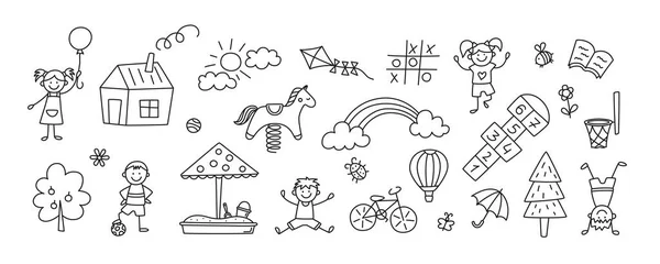 Crianças engraçadas e parque infantil. Balançar, deslizar, teeter e sandbox em estilo doodle. Desenho de criança de casa, arco-íris, árvore. Ilustração vetorial desenhada à mão sobre fundo branco. AVC editável — Vetor de Stock