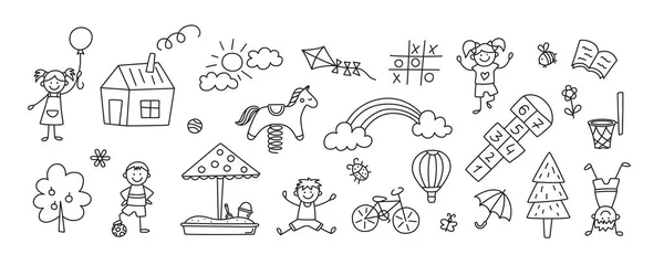 Des enfants drôles et une aire de jeux pour enfants. Balançoire, glissière, teeter et bac à sable dans le style doodle. Dessin d'enfant de maison, arc-en-ciel, arbre. Illustration vectorielle dessinée à la main sur fond blanc. Course modifiable — Image vectorielle