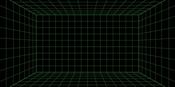 Pokój 3d z siatką przewodów. 3D perspektywa laserowa siatka 16 9.. Cyberprzestrzeń czarne tło z zieloną siateczką. Futurystyczna cyfrowa przestrzeń w wirtualnej rzeczywistości. Ilustracja wektora — Wektor stockowy