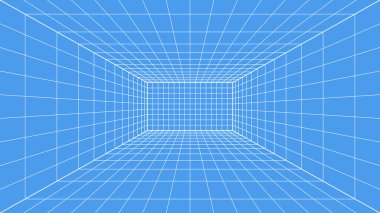 3D kablo şebekesi odası. 3D perspektif lazer ızgarası 169 beyaz ağ ile siber uzay mavi arka plan. Sanal gerçeklikte gelecekteki dijital koridor boşluğu. Vektör illüstrasyonu