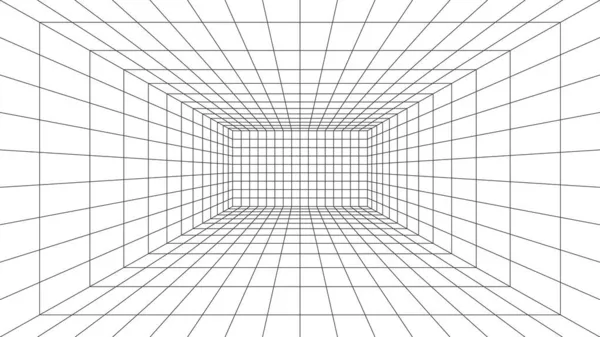 3D线框网格空间。3D透视激光格栅16 9...网状空间白色背景与黑色网目。虚拟现实中的未来主义数字走廊空间。矢量说明 — 图库矢量图片