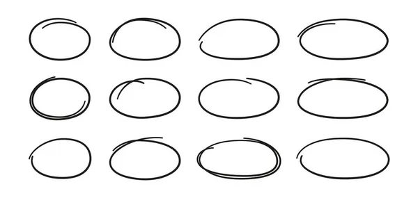 Set ovali disegnati a mano. Ovali di diverse larghezze. Evidenziare cornice cerchio. Ellissi in stile doodle. Set di illustrazione vettoriale isolato su sfondo bianco — Vettoriale Stock