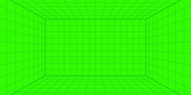 3D kablo şebekesi odası. Üç boyutlu lazer ızgarası. Siyah ağlı siber uzay yeşil arka planı. Sanal gerçeklikte gelecekteki dijital koridor boşluğu. Vektör illüstrasyonu