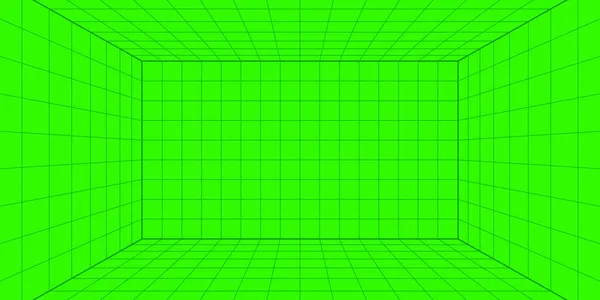 3D线框网格空间。3D透视激光网格。带黑色网眼的网络空间绿色背景。虚拟现实中的未来主义数字走廊空间。矢量说明 — 图库矢量图片