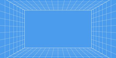 3D kablo şebekesi odası. 3D perspektif lazer ızgarası 169. Beyaz ağlı siber uzay mavi arka planı. Sanal gerçeklikte gelecekteki dijital koridor boşluğu. Vektör illüstrasyonu