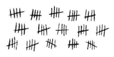 Tally izleri. Elle çizilmiş çizgiler ya da sopalar dörde ayrılıp çizilmiş. Basit matematiksel sayım görselleştirme, hapishane ya da hapishane duvarı sayacı. Vektör illüstrasyonu beyaz arkaplanda izole edildi