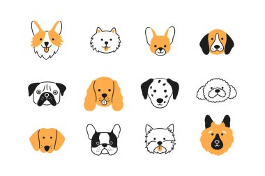 Farklı yüzler, farklı köpek türleri. Corgi, Beagle, Spitz Chihuahua, Terrier, Spaniel, Fino, Dalmaçyalı. Karalama köpek kafası koleksiyonu. El çizimi vektör çizimi beyaz arkaplanda izole edildi