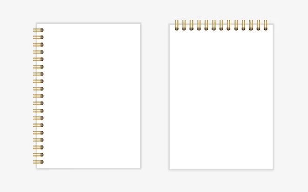 Μακέτα σημειωματάριου A4 με χρυσή σπείρα. Γραμματοκιβώτιο κενό χαρτί σημείωμα πρότυπο βιβλίο. Κάθετα, οριζόντια φύλλα με χρυσό σπειροειδή δέσιμο. Εικονογράφηση διάνυσμα απομονωμένη σε ρεαλιστικό στυλ στο παρασκήνιο — Διανυσματικό Αρχείο