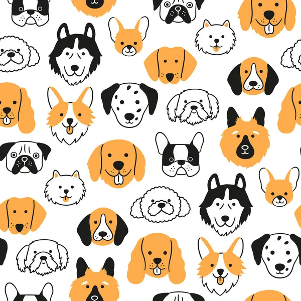 Chien visages motif sans couture. Têtes dessinées à la main de différentes races de chiens. Corgi, Pug, Chihuahua, Pomeranian, Spaniel, Husky et Dachshund. Illustration vectorielle dessinée à la main dans le style doodle — Image vectorielle