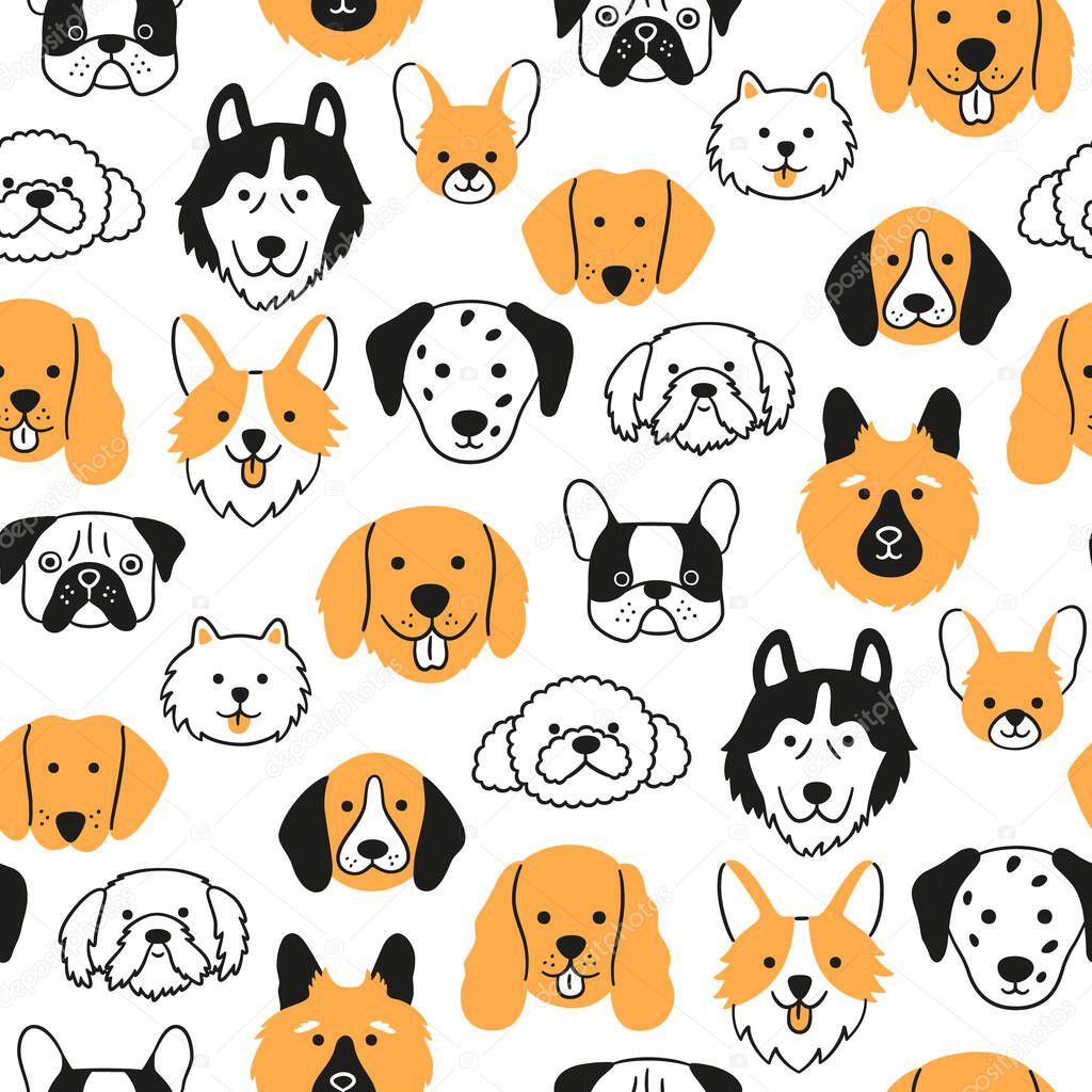 Dog faces seamless pattern. Hand drawn heads of different dog breed. Corgi, Pug, Chihuahua, Pomeranian, Spaniel, Husky and Dachshund. Hand drawn vector illustration in doodle style