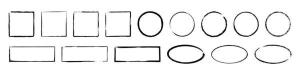 インクの楕円形、円と長方形のフレーム。空のブラックボックスセットをグランジします。楕円形と正方形の境界コレクション。ラバースタンプの印刷物。白地に描かれた手描きベクトルイラスト — ストックベクタ