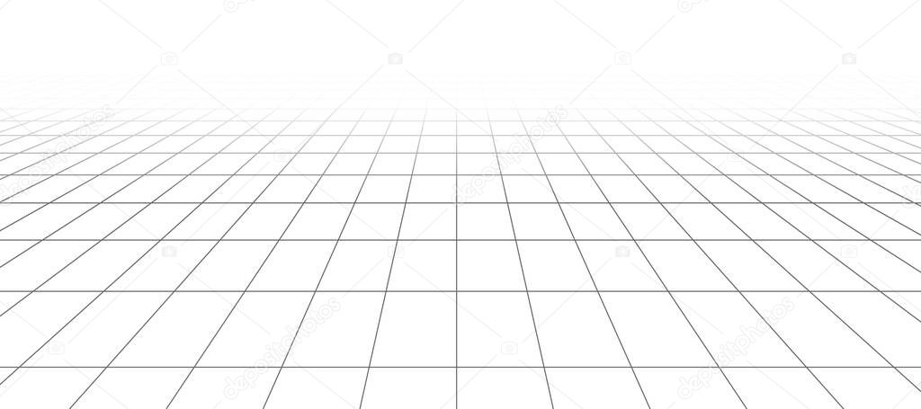 3d wireframe grid room. 3d perspective laser grid. Cyberspace white background with black mesh. Futuristic digital hallway space in virtual reality. Vector illustration
