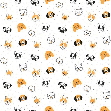 Farklı cinslerden köpekleri olan kusursuz desenler. Corgi, Pug, Chihuahua, Terrier, Husky, Pomeranian.