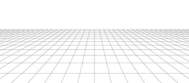 3D kablo şebekesi odası. Üç boyutlu lazer ızgarası. Siyah ağlı siber uzay beyaz arka planı. Sanal gerçeklikte gelecekteki dijital koridor boşluğu. Vektör illüstrasyonu