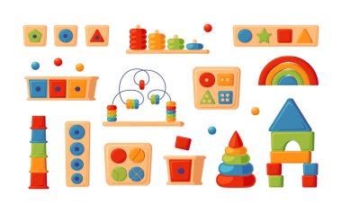 Montessori eğitim mantık oyuncakları. Çocuklar anaokulu çocukları için tahta oyuncaklar. Erken çocukluk gelişimi için Montessori sistemi. Renkli ayırıcılar. Beyaz arkaplanda vektör çizimleri kümesi