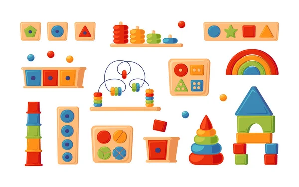 Montessori-Pädagogik-Spielzeug. Kinder Holzspielzeug für Vorschulkinder. Montessori-System für frühkindliche Entwicklung. Bunte Sortierer. Set von Vektorillustrationen auf weißem Hintergrund — Stockvektor