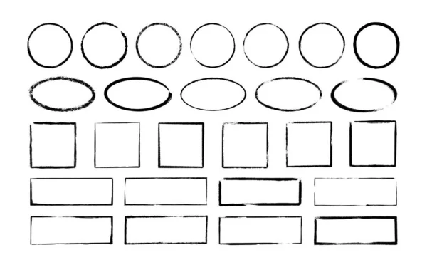 Mürekkep oval, daire ve dikdörtgen çerçeveler. Grunge boş kara kutular seti. Elips ve kare sınır koleksiyonları. Lastik damga izi. El çizimi vektör çizimi beyaz arkaplanda izole edildi — Stok Vektör