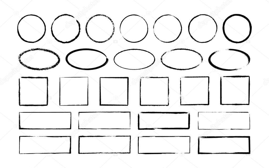 Ink oval, circle and rectangle frames. Grunge empty black boxes set. Ellipse and square borders collections. Rubber stamp imprint. Hand drawn vector illustration isolated on white background