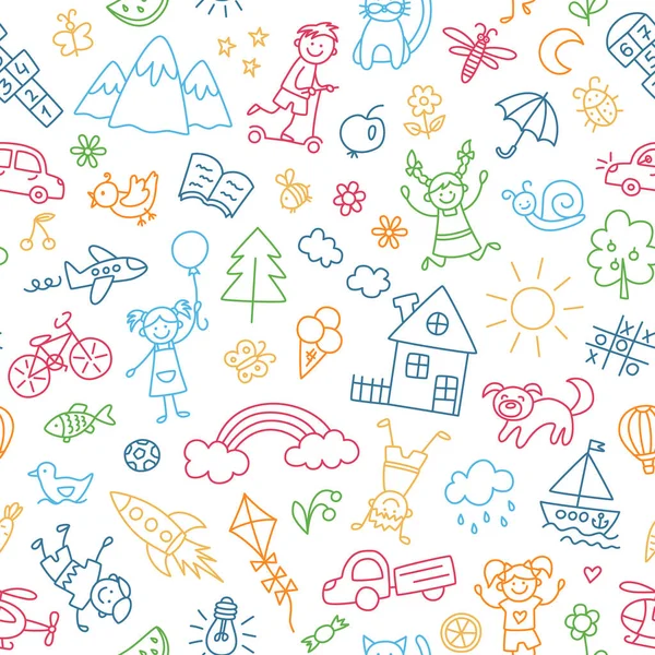 Sömlöst mönster med doodle barn hus, sol och cykel. Hand dras roliga små barn leka, springa och hoppa. Färg söta barn krita ritning. Vektor illustration i klotter stil på vit bakgrund — Stock vektor