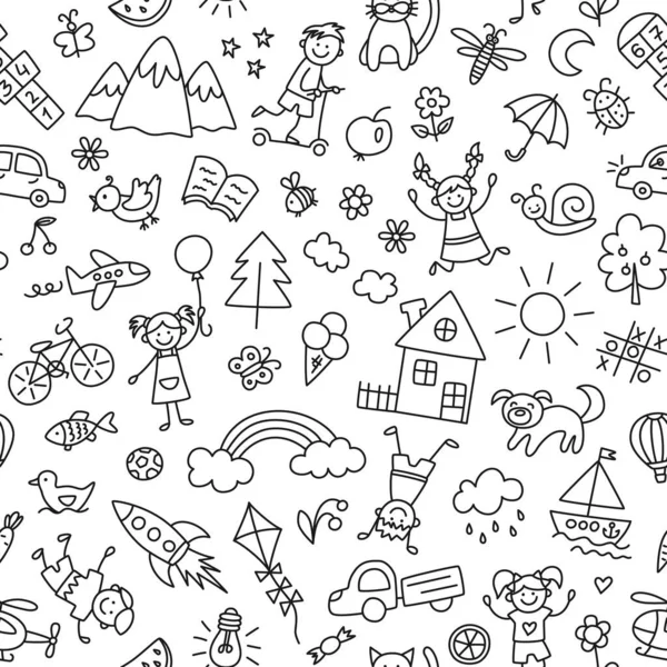 Naadloos patroon met doodle kinderen, huis, zon, regenboog en fiets. Met de hand getrokken grappige kleine kinderen spelen, rennen en springen. Leuke kinderen tekenen. Vector illustratie in doodle stijl op witte achtergrond — Stockvector