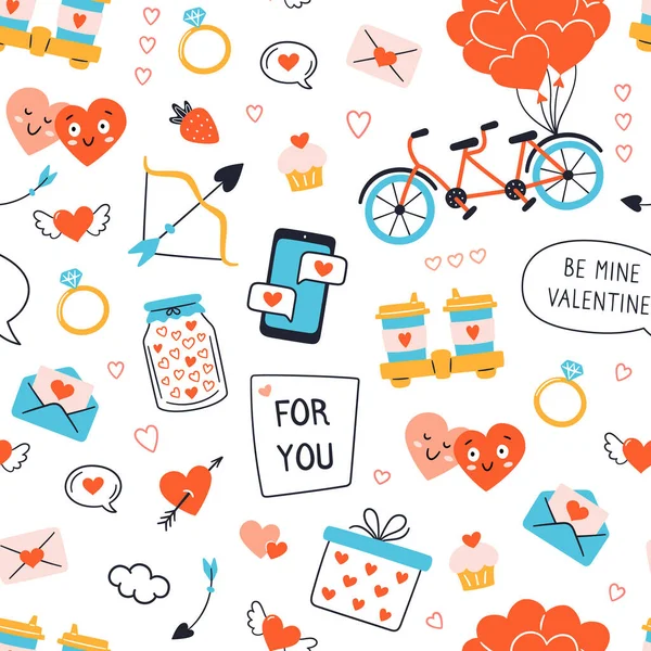 Valentijnsdag textuur. Naadloos patroon met hartjes, tandemfiets, pijlen en ring. Vector illustratie op witte achtergrond — Stockvector