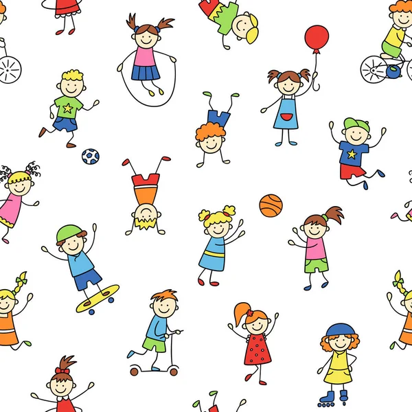 Seamless pattern with doodle children. Hand drawn funny little kids play, run and jump. Color cute children drawing. Vector illustration in doodle style on white background — Stock Vector