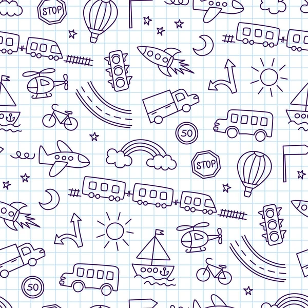 Niños dibujo de coches, tren, avión, helicóptero y cohete. Transporte Doodle. Lindos niños dibujo. Patrón sin costuras en estilo niño. Ilustración vectorial dibujada a mano sobre fondo cuaderno cuadrado — Archivo Imágenes Vectoriales